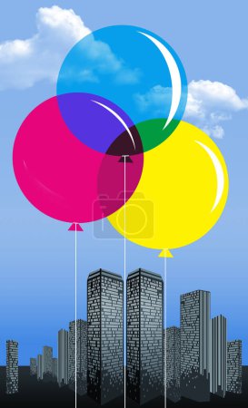 A city that likes to party is seen as a skyline at dusk as colorful helium filled party balloons rise in the foreground in a 3-d illustration.