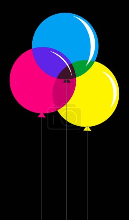 Helium filled party balloons are seen on a black background.