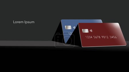 Two  credit cards or debit cards are in strong contrasty light on a dark background. There is text space or copy area, lorem upsum, in this 3-d illustration.