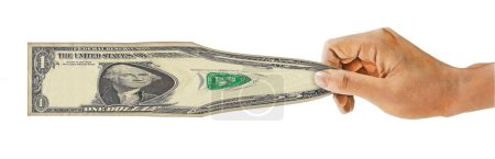 A hand stretches a dollar in this 3-d illustration about keeping pace with inflation in the economy. This is isolated on a white background with text space and copy area.