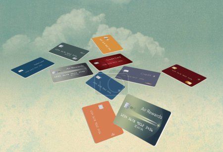 Kreditkarten fliegen vor einem Grunge-Himmel-Hintergrund, im Vordergrund eine Kreditkarte zur Belohnung von Flugreisen. Dies ist eine 3-D-Illustration über Reisen mit Kreditkarten.