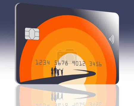 A generic, mock credit card or debit card is seen in this 3-d illustration about banking, finance and business.