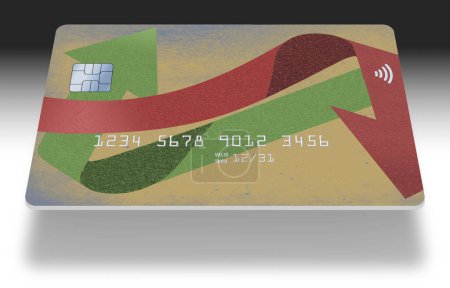 A generic, mock credit card or debit card is seen in this 3-d illustration about banking, finance and business.