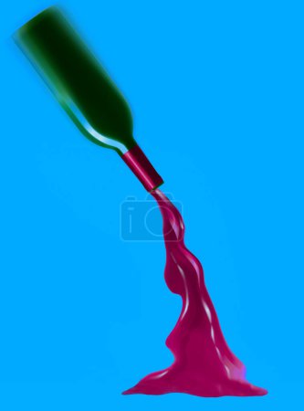 Red wine pours out of a wine bottle in a 3-d illustration isolated on a blue background.