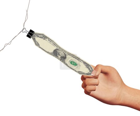 A hand stretches a dollar in this 3-d illustration about keeping pace with inflation in the economy. This is isolated on a white background with text space and copy area.
