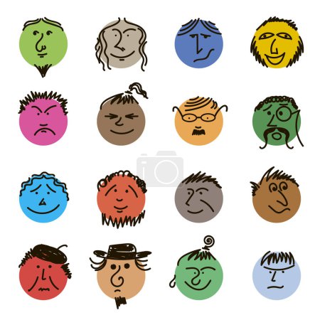 Photo for Colored Doodle Heads. Round comic Faces with various Emotions. Crayon drawing style. Different colorful characters. Cartoon style people. Hand drawn trendy illustration. Flat design circles. - Royalty Free Image
