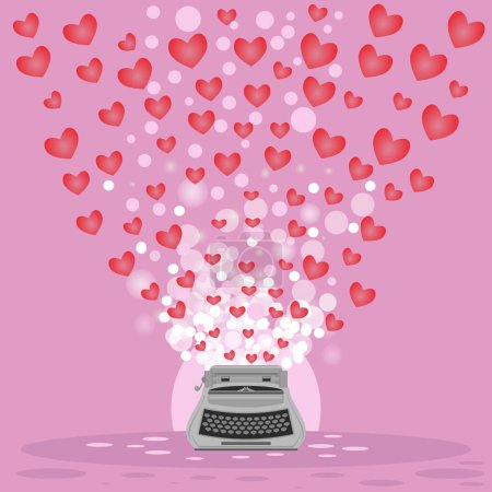 Téléchargez les photos : Machine à écrire grise et ensemble d'icônes de cœurs rouges isolés sur fond rose. - en image libre de droit