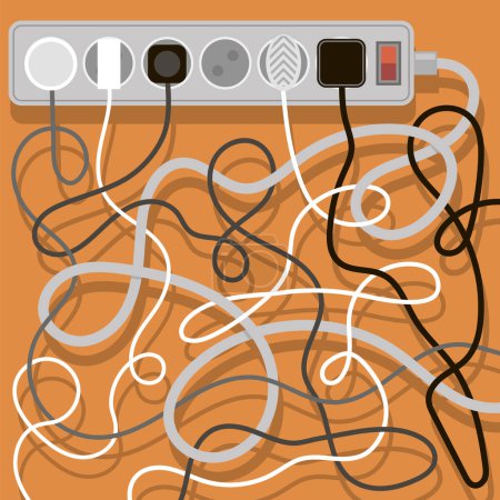 Illustration for Electrical wires and chargers on orange background. A mess of cables from several extension cords. Cable management. - Royalty Free Image
