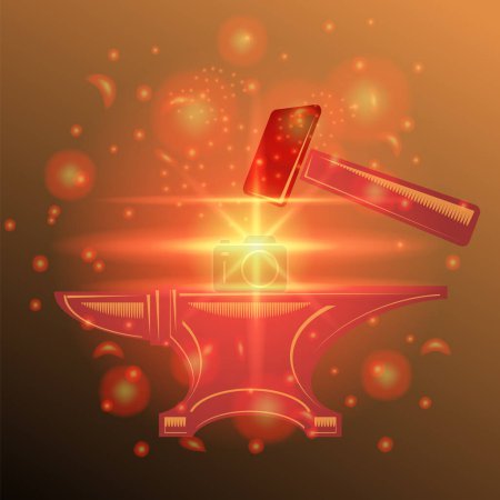 Illustration for Vector Anvil and Hammer Icon with Yellow Red Flash and Stars on Dark Blurred Background. Industrial Logo Design. - Royalty Free Image