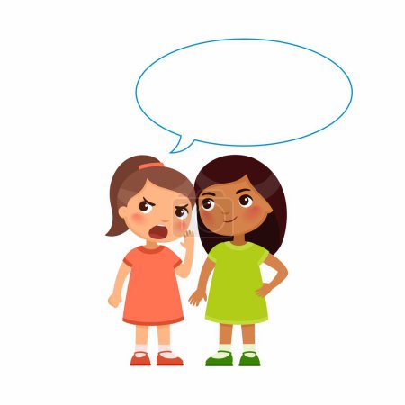 Illustration for Two bullies little girls trash whispering. Dialogue of conspirators consept. Secret message cartoon illustration. - Royalty Free Image