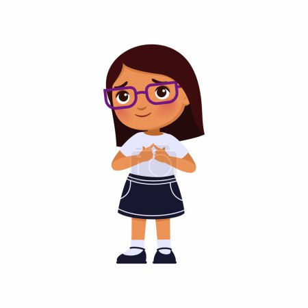 Illustration for Cute little girl smiles shyly. Dark skin schoolgirl in school uniform. Illustration of a confused pupil kid. - Royalty Free Image