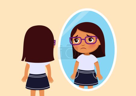 Illustration for Upset little girl in glasses looks at herself in the mirror. Dark skin  pupil girl. Illustration of childhood depression. - Royalty Free Image