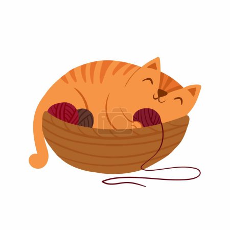 Ilustración de Adorable gatito durmiendo en canasta con bolas de hilo. Lindo personaje de gatito. Ilustración vectorial. - Imagen libre de derechos