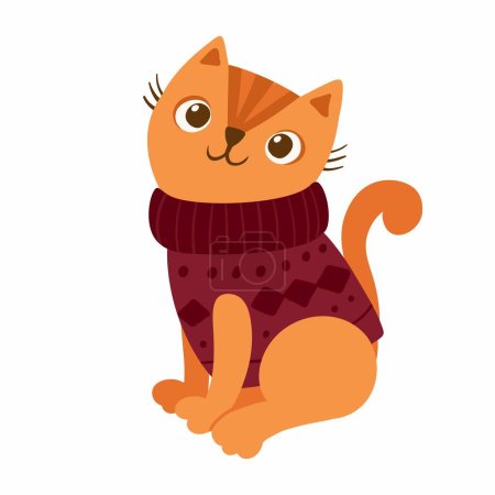 Illustration for Cat in a knitted sweater. Cute kitten character. Mascot of goods for pets. Knitwear for cats. Winter postcard. Vector illustration. - Royalty Free Image