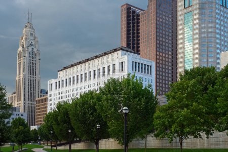 Photo for Downtown Columbus, Ohio, from the Scioto Mile walkway with the Ohio Supreme Court building at the center - Royalty Free Image