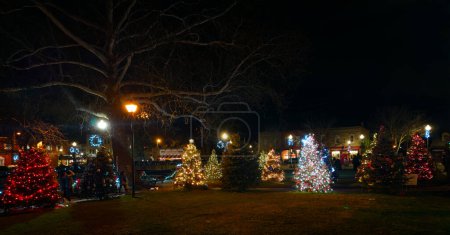 Christmas displays in Chagrin Falls city park with downtown shops and facades in the background