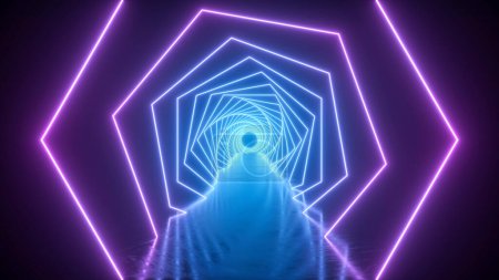 Foto de Túnel de neón con transición suave de azul a rosa con reflejo en el suelo, pasillo virtual - Ilustración 3D - Imagen libre de derechos