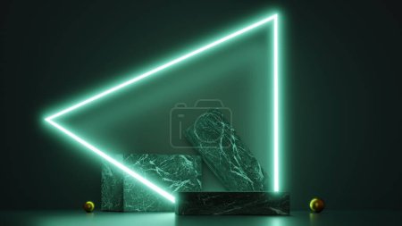 Téléchargez les photos : Podium en pierre avec lueur verte néon, fond démonstratif pour les affichages sur un stand - Illustration 3D - en image libre de droit