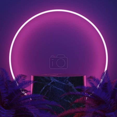 Foto de Podio con iluminación de neón entre la hierba con un brillo púrpura - Ilustración 3D - Imagen libre de derechos