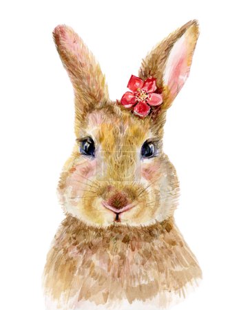 Téléchargez les photos : Mignon dessin animé de lapin, isolé sur blanc. Illustration aquarelle. - en image libre de droit