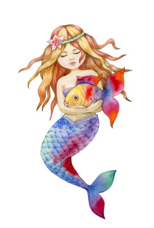 Téléchargez les photos : Mignonne sirène tenant poisson dessin animé, illustration aquarelle. - en image libre de droit