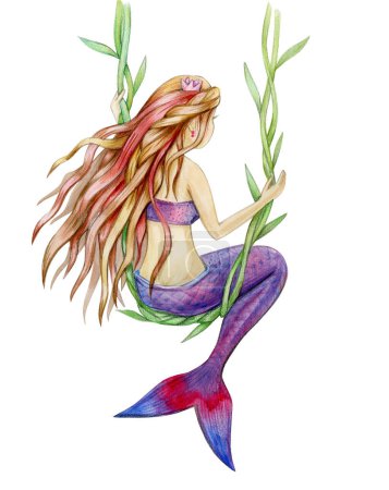 Photo for Mermaid  cartoon isolated on white, watercolor illustration. - Royalty Free Image