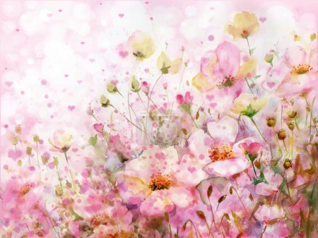 Téléchargez les photos : Fond rose floral. Fleurs aquarelles. Illustration. - en image libre de droit