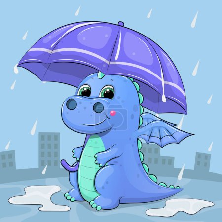 Cute cartoon dragon with an umbrella in the rain. Vector illustration of an animal on a blue background with raindrops and puddles.