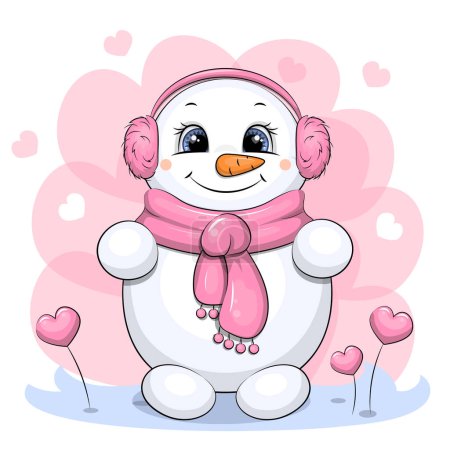 Netter Cartoon-Schneemann mit Schal und Kopfhörer aus Fell. Wintervektorillustration auf rosa Hintergrund mit Herzen.