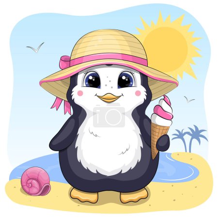 Lindo pingüino de dibujos animados con sombrero de verano y helado en la playa. Ilustración vectorial animal de verano con sol, palmeras y agua.