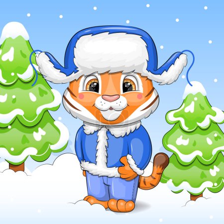 Illustration for A cute cartoon tiger cub in a blue winter hat with ear flaps stands in a winter forest. Vector illustration of an animal on a blue background with snow and fir trees. - Royalty Free Image