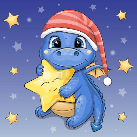 Cute cartoon blue dragon in red nightcap holds a yellow star. Night vector illustration on dark blue background with stars.