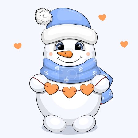 Cute cartoon snowman in blue hat and scarf holds hearts. Winter vector illustration.