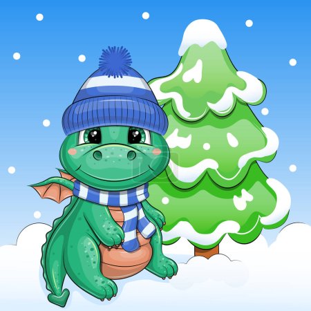 Illustration for A cute cartoon hat and a green dragon scarf are sitting next to the fir tree. Winter vector illustration of an animal on a blue background with snow. - Royalty Free Image