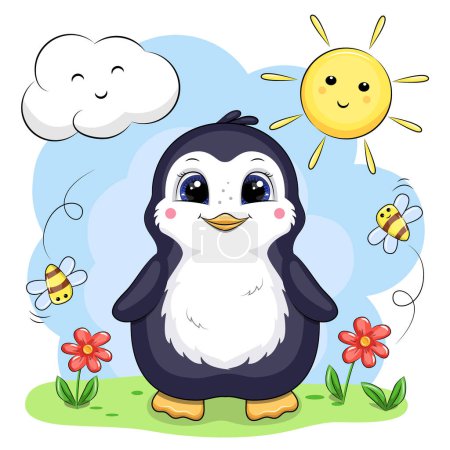 Téléchargez les illustrations : Mignon pingouin dessin animé dans la nature. Illustration vectorielle d'un animal avec des fleurs et des abeilles sur fond bleu nuage et soleil. - en licence libre de droit