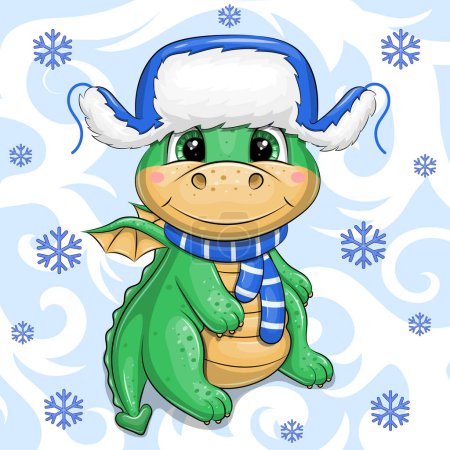 Cute cartoon baby dragon in blue winter hat with ear flaps. Vector illustartion of animal on blue background with snowflackes.