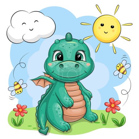 Cute cartoon green dragon in nature. Vector illustration of an animal with flowers, bees, sun and cloud on a blue background.