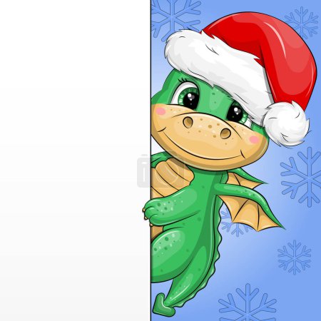 Banner with a cute cartoon green dragon in a Santa hat on a blue background with snowflakes. Christmas vector illustration with an animal showing something.