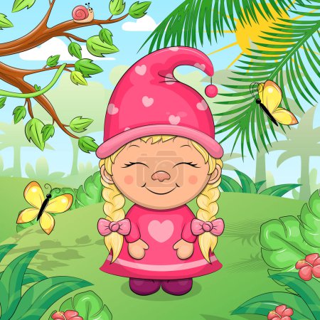 Nettes Cartoon-Gnom-Mädchen im Garten. Frühlings- oder Sommervektorillustration einer Zwergfrau in der Natur mit Bäumen, Blumen, Blättern und Schmetterlingen.
