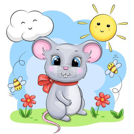 Ilustración de Lindo ratón de dibujos animados con un lazo rojo en la naturaleza. Ilustración vectorial de un animal con flores, abejas, sol y nube sobre un fondo azul. - Imagen libre de derechos