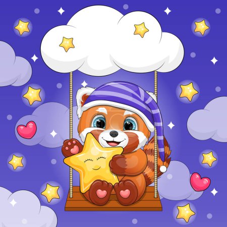 A cute cartoon red panda in a nightcap holds a yellow star and sits on a swing. Night vector illustration of an animal on a dark blue background with clouds and stars.