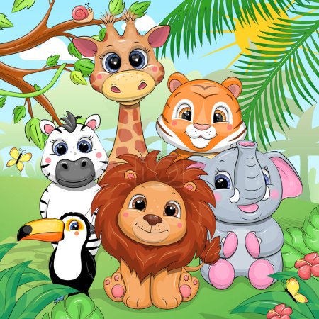Ilustración de Lindos animales de dibujos animados en la selva. Vector ilustración de león, tucán, cebra, jirafa, tigre, elefante en la naturaleza con árboles, flores y mariposas. - Imagen libre de derechos
