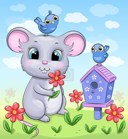 Ilustración de Lindo ratón de dibujos animados con pajareras y pájaros azules. Ilustración vectorial de un animal en la naturaleza con flores y un cielo azul con nubes. - Imagen libre de derechos