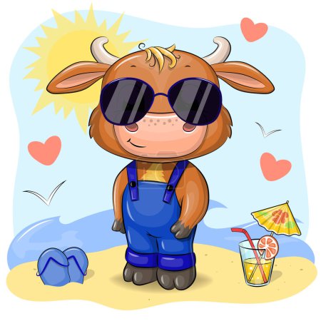 Ilustración de Bonito toro de dibujos animados en gafas de sol en la playa. Ilustración vectorial animal de verano con sol, mar, arena y limonada. - Imagen libre de derechos