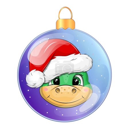 Illustration for Christmas ball with cartoon green dragon in Santa's hat. Vector illustration on white background. - Royalty Free Image