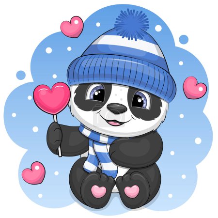 Ilustración de Un lindo panda de dibujos animados con sombrero y bufanda sostiene una piruleta en forma de corazón. Ilustración vectorial de invierno de un animal sobre un fondo azul con nieve y corazones rosados. - Imagen libre de derechos