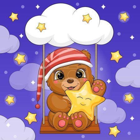 Illustration for A cute cartoon brown bear in a red nightcap holds a yellow star and sits on a swing. Night vector illustration of an animal on a dark blue background with clouds and stars. - Royalty Free Image