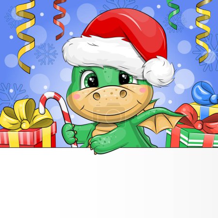 A cute cartoon green dragon in a Santa hat is holding a candy cane. Christmas vector illustration with animal, gifts, candies.