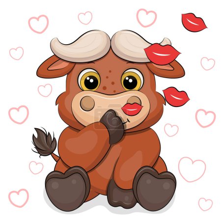 Illustration for A cute cartoon buffalo is sending air kisses. Vector illustration of a brown animal on a white background with hearts. - Royalty Free Image