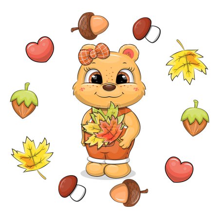 Cute cartoon teddy bear with fallen leaves in an autumn frame. Vector illustration of an animal with hearts, nuts, acorns, mushrooms, yellow leaves on a white background.